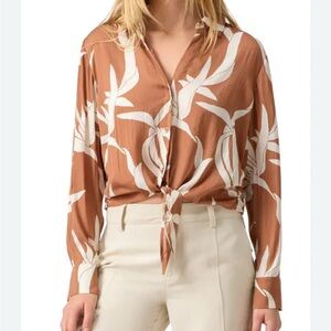 Sanctuary Tan and Cream Button Up Front-Tie Long Sleeve Blouse
